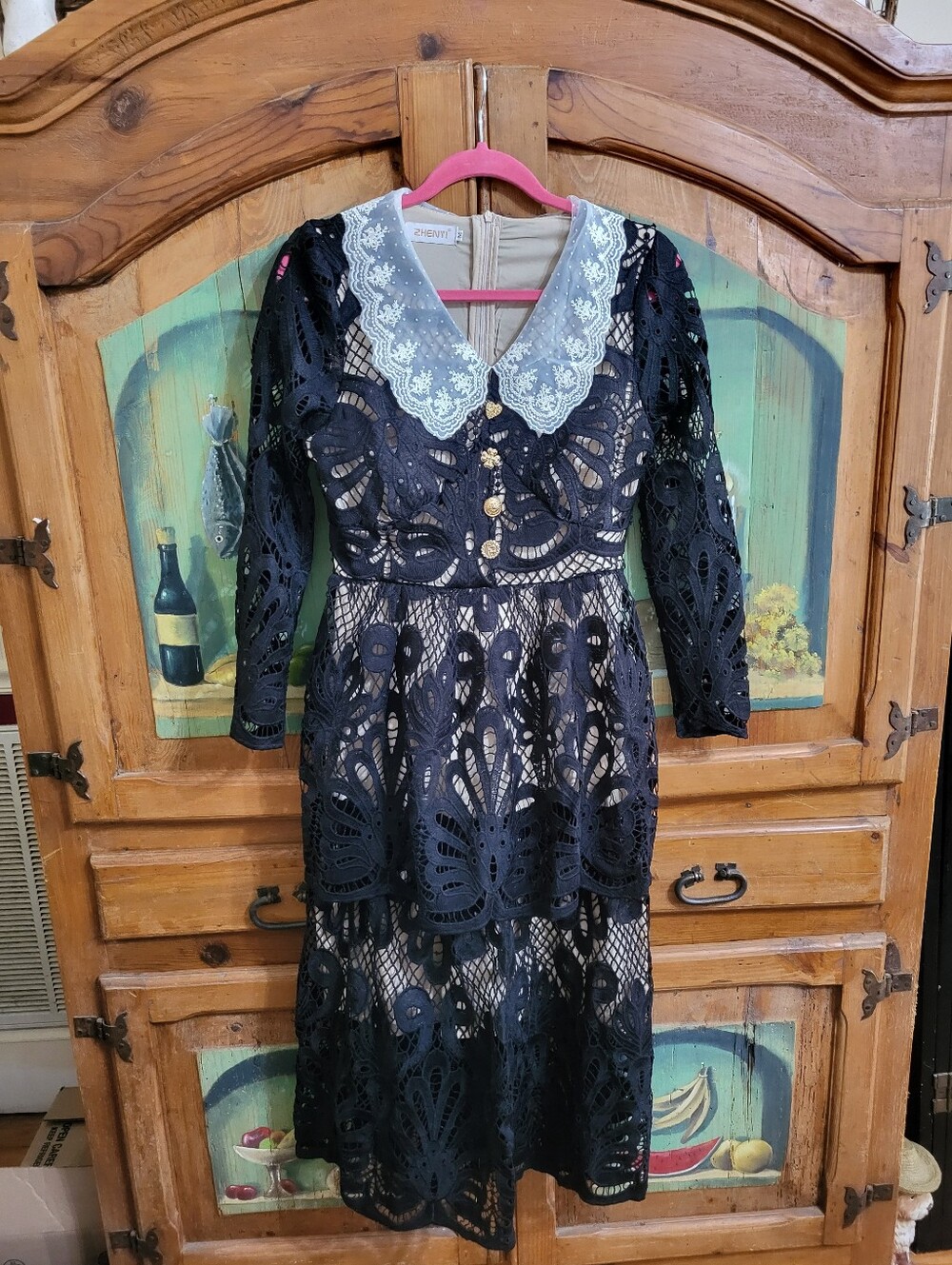 Lace Overlay Midi Dress with White Scalloped Collar